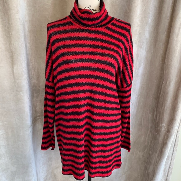 INTRO. Turtleneck Tunic Sweater Red & Black Striped NEW XLarge - Picture 2 of 15
